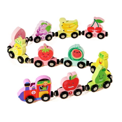 Jucarii interactive - Trenulet Magnetic, Flippy, din Lemn, Model 10 Fructe, +3 Ani, Jucarie de Asamblat, Multicolor