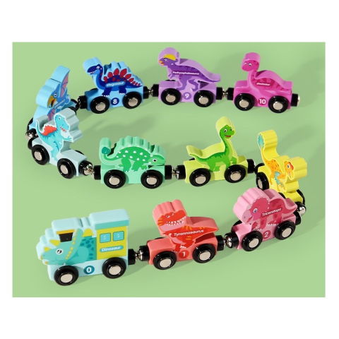 Jucarii interactive - Trenulet Magnetic, Flippy, din Lemn, Model Dinozauri, 10 Animale, +3 Ani, Jucarie de Asamblat, Multicolor