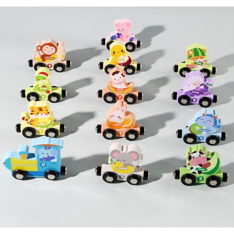 Jucarii interactive - Trenulet Magnetic, Flippy, din Lemn, Model Zoo, 12 Animale, +3 Ani, Jucarie de Asamblat, Multicolor