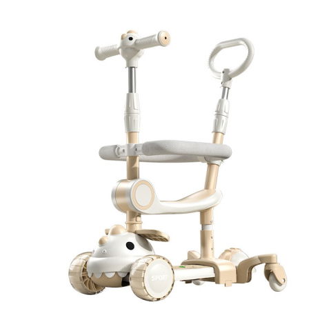 Masinute, Triciclete si Masinute Electrice - Trotineta Multifunctionala 6 in 1, Flippy, Pentru Copii De La 10 Luni Pana La 12 Ani, Cu Maner De Impingere, Reglabil 360, Pliere Usoara, Reglarea Inaltimii, Model Dinozaur, Alb/Bej