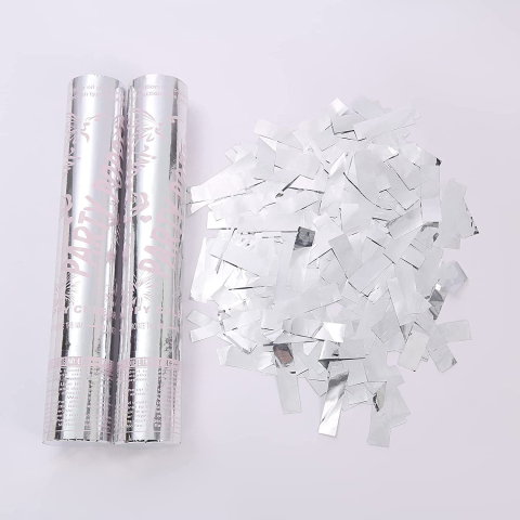 Import - Tub de Confetti, Flippy, Party Popper, 30x5 cm, Confetii Lucioase Rezistente la Foc, Eliberare prin Rasucire, Argintiu