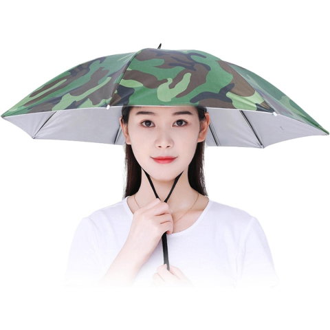 Import - Umbrela de Cap, Flippy, Diametru 69 cm, Snur Reglabil de Cap, Protectie UV/Ploaie, Camuflaj