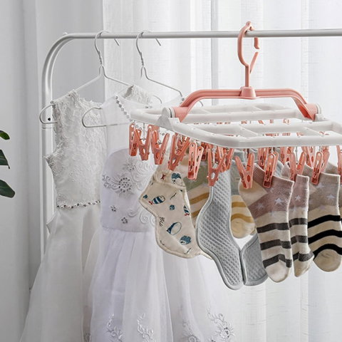 Import - Uscator de Rufe Suspendat Flippy, cu 40 Carlige, Rotire 360 Grade, Protectie Vant, Pliabil, Patrat, Mateiral Plastic, Usor de Depozitat, Multifunctional, 36 x 24 cm, Alb/Roz