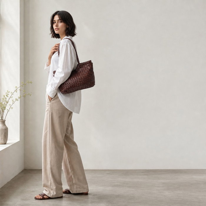 Geanta de dama Stella din piele naturala cu impletitura manuala fina in nuanta Ciocolatiu Inchis cu barete tubular [2]
