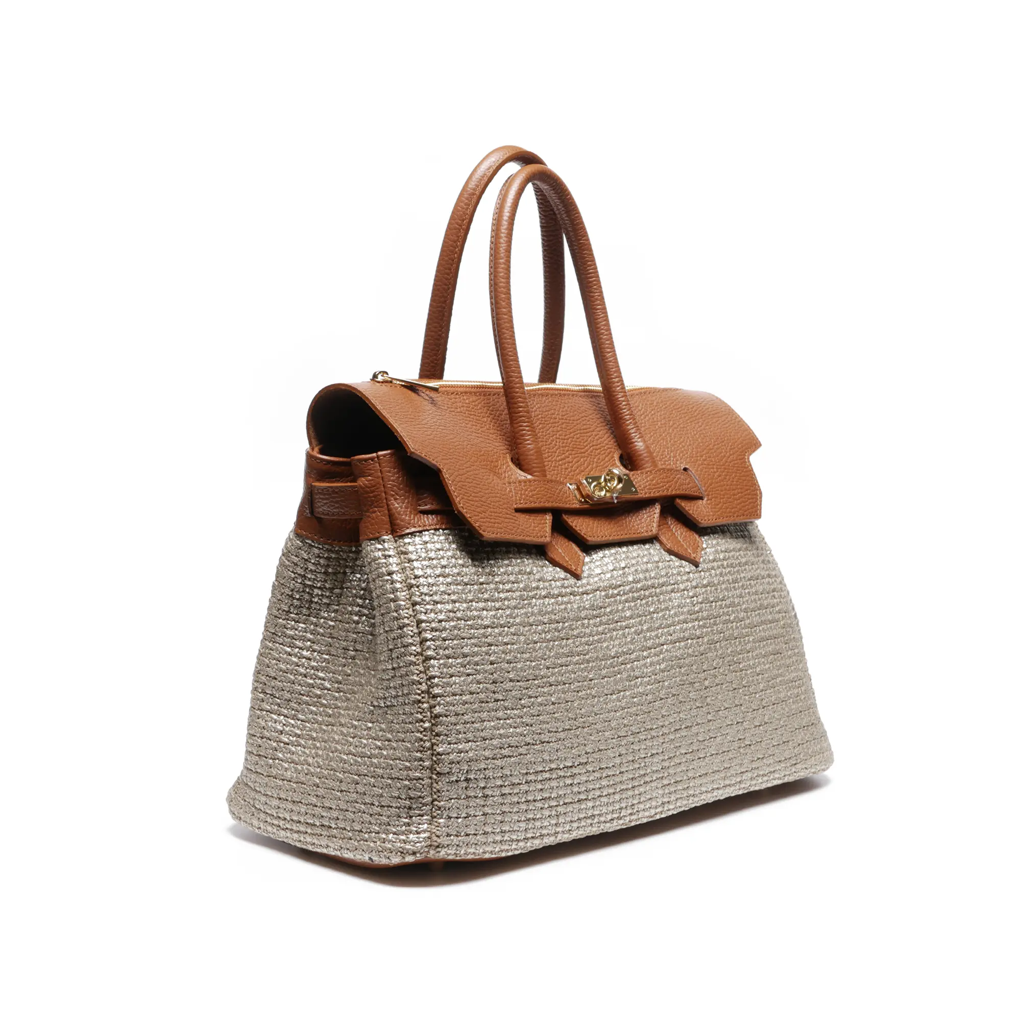 Geanta de dama Isabella Argintiu din piele naturala si rafie cu sistem dublu de deschidere si finisaje aurii [3]