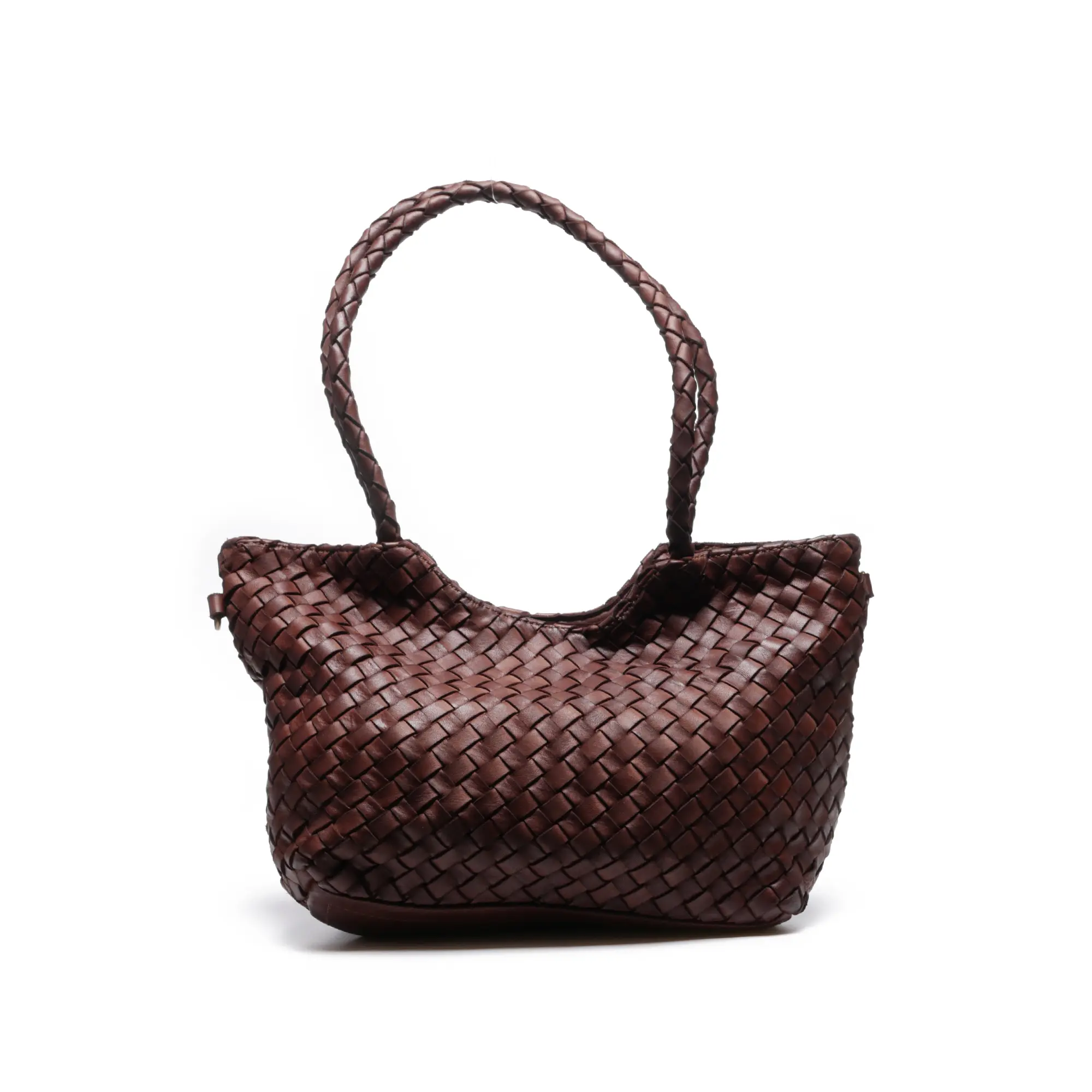 Genti Crossbody - Geanta de dama Stella din piele naturala cu impletitura manuala fina in nuanta Ciocolatiu Inchis cu barete tubular